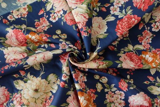 Navy Vintage Rose Garden 40s Cotton Poplin Floral Fabric – 3.3 yd
