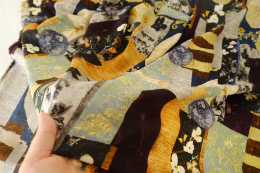 Silk-Like Rayon Satin Fabric – Artistic Patchwork Print 3 Yards