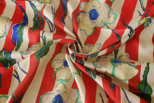 Red Stripe Painterly Floral Linen Cotton – 2.2 yd / 1.6 yd