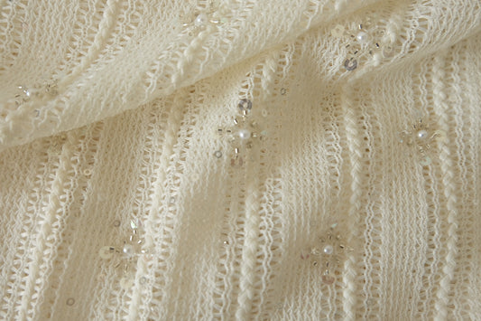 Ivory Pearl Blossom Embellished Openwork Knit Fabric – 1.6 Yards