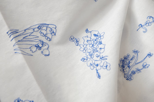 Blue Botanical Embroidered Cotton Fabric, 2.2 Yards