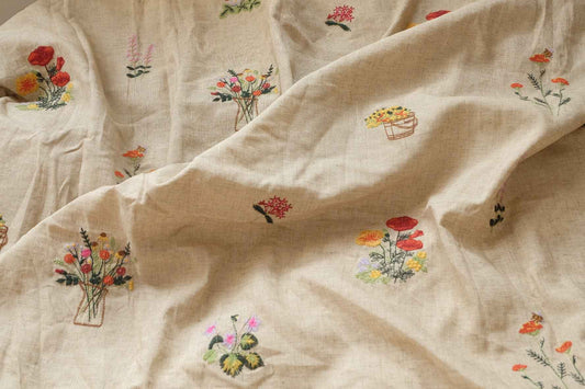 Embroidered Linen Rayon Blend Fabric, Pastoral Wildflower Motifs , 1.64 Yards