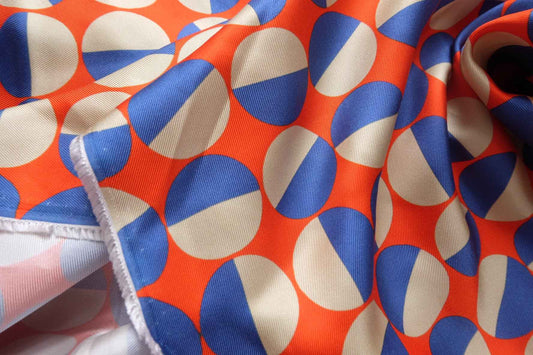 Graphic Orange Blue Silk Twill Crepe Fabric, Crisp Structured Weight, 2.21 Yards