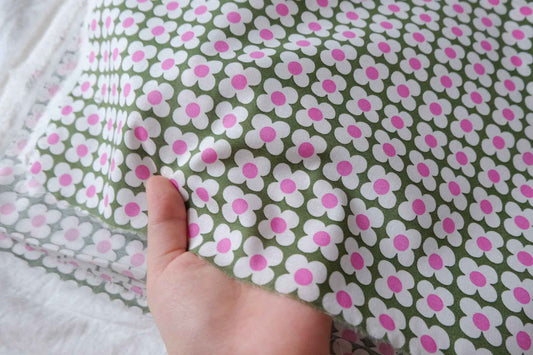 Olive Daisy Designer Deadstock Cotton Fabric - 1.64 Yards