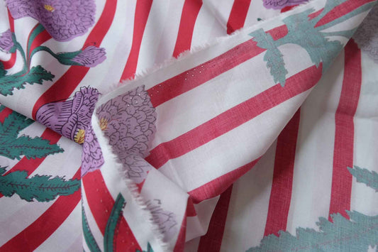 Bold Stripe Floral Cotton Fabric, Crisp 60s Dress Weight, 2.19 Yards/3.28 yards