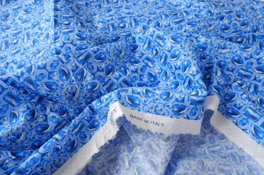 Blue Jewel Print Cotton Poplin Fabric, Smooth Lightweight Shirting, 3.17 Yards
