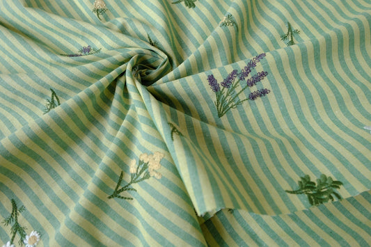 Striped Floral Embroidered Linen-Look Cotton Blend Fabric, 2.2 Yards
