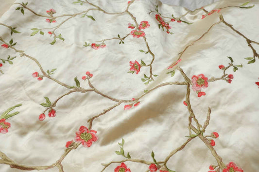 Embroidered Blossom Satin Fabric, Ivory Floral Branches, 2.19 Yards