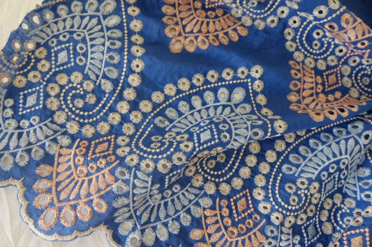 Heavy Embroidered Cotton Fabric – Blue Geometric Boho Design – 3.1 yd