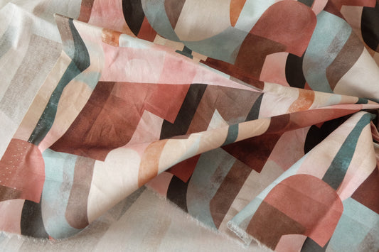 Abstract Geometric Cotton Fabric in Pink Brown Blue - 2.2 yd