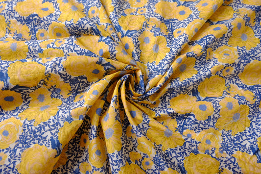 Yellow Blue Rose Garden Cotton Lawn Fabric - 2.95 yd