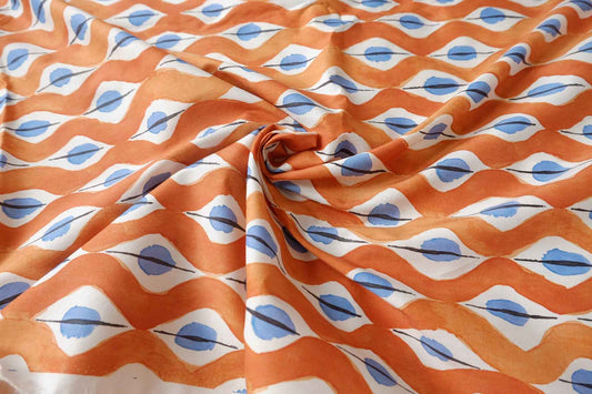 Orange and Blue Geometric Cotton Poplin Fabric, Crisp Dress & Shirting Weight, 3.28 Yards