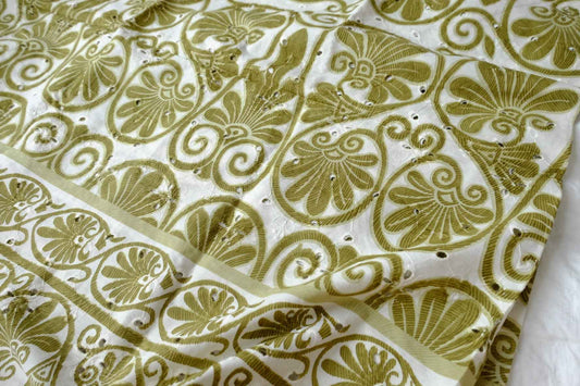 Olive Scrollwork Cotton Eyelet Embroidery Fabric - 1.53 Yards