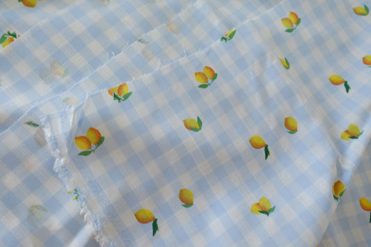 Tencel Linen Blend Fruit Gingham Fabric – Lemon Mini Print (1.6 yd Cut)