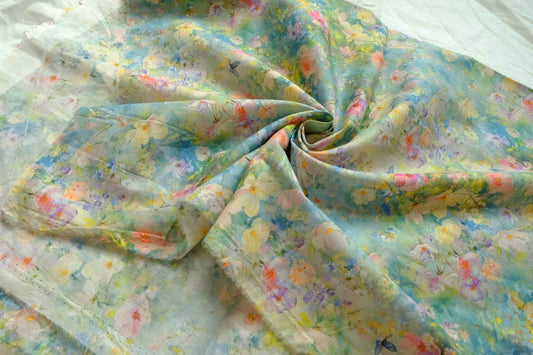 Watercolor Meadow Cotton Poplin, 80s Lightweight Floral Fabric, 1.97 Yards