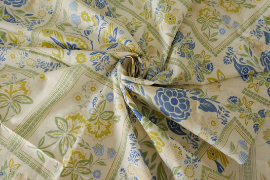 Blue Green Tile Floral Cotton Poplin Fabric – By the Yard