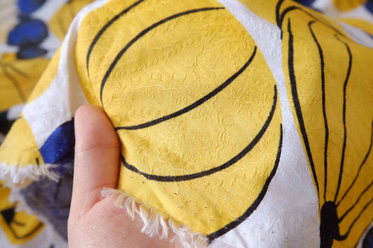 Bold Yellow Blue Botanical Jacquard Cotton Linen Fabric - 1.53 yd