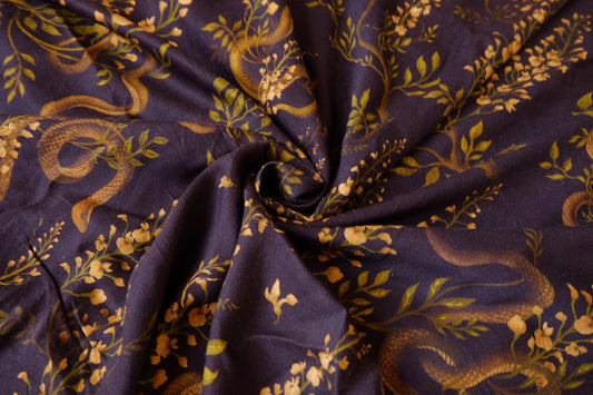 Midnight Serpent Floral Rayon Challis Twill Fabric - 1.64 yd
