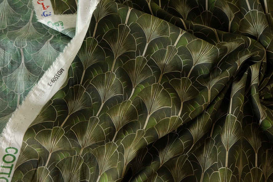 Green Fan Leaf Geometric Cotton Lawn Fabric – 3.3 yd