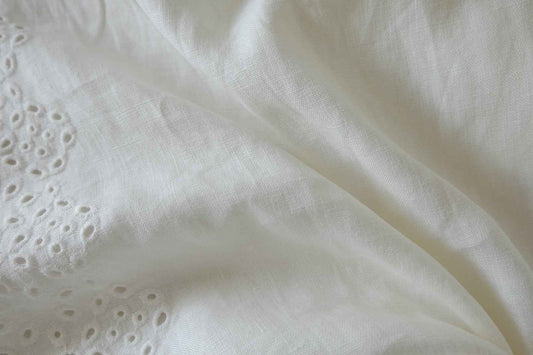 Ivory Eyelet Border Pure Linen Fabric, 2.19 Yards