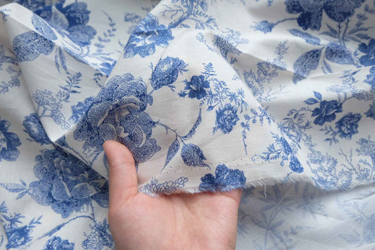 Blue Toile Floral Cotton Lawn Fabric - 4.4 yd