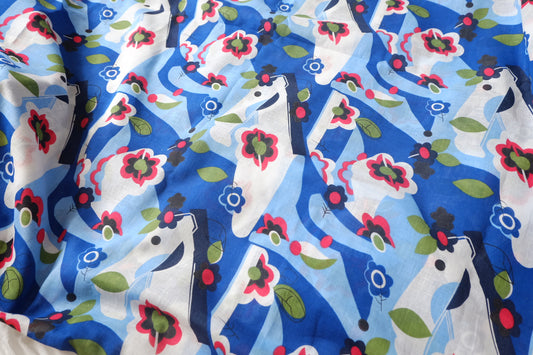 Blue Horse Folk Print Lightweight Linen Cotton Fabric - 2.19 yd