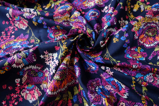 Navy Embroidered Floral Designer Deadstock Cotton Fabric - 1.64 Yards
