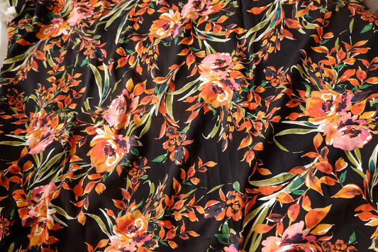 Black Tropical Floral Rayon Challis Fabric - 3.28 yd
