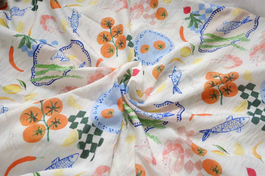 Playful Food Print Tencel Blend Fabric, Soft Lightweight, 2.19 Yards
