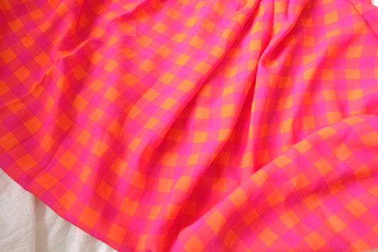Bold Pink & Orange Checked Cupro Fabric, 3.28 Yards