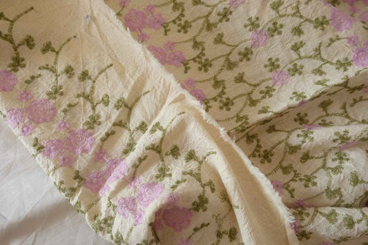 Lavender Floral Embroidered Linen Fabric – Textured Pure Linen – 1.2 yd