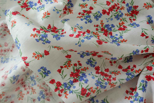 Red & Blue Wildflower Printed Pure Linen Fabric – 1.6 yd