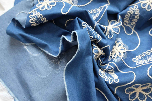 Blue Embroidered Cotton Denim Fabric for Vests, Jackets and Skirts, 2.19 Yards