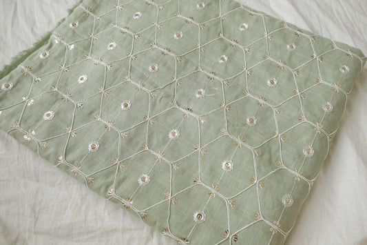 Sage Embroidered Linen Cotton with Sequin Detail, 2.19 Yards