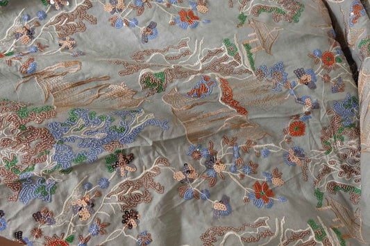 Hand Embroidered Sequin Beaded Landscape Cotton Linen Fabric – 2.2 yd