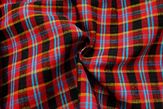 A005 Crimson Dynasty: Northern Check Tǔbù with Sapphire & Gold Accents - 50cm Width - BUBBO