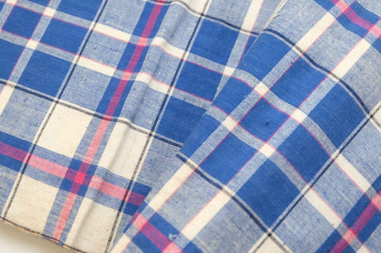 A021 Azure Grid: White Tǔbù with Blue Check & Red Accents - 35.5cm Width - BUBBO