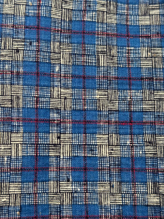 A036 Indigo Matrix: Southern Tǔbù with Crimson Grid & Reed Pattern - 30cm Width - BUBBO