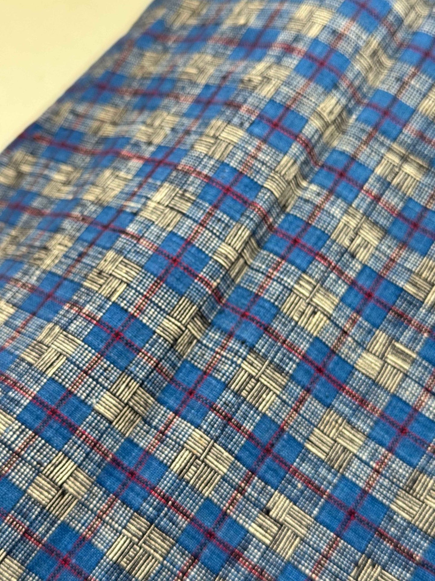 A036 Indigo Matrix: Southern Tǔbù with Crimson Grid & Reed Pattern - 30cm Width - BUBBO