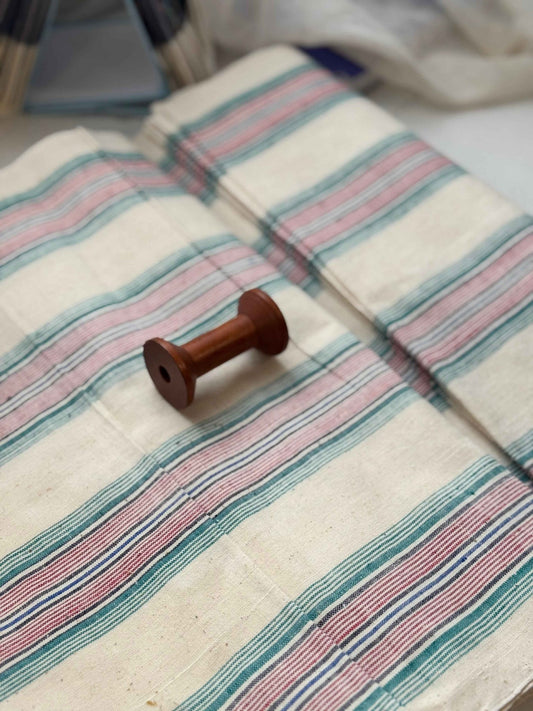 A041 Southern Rhythm: Striped Tǔbù in Cream with Rainbow Accents - 37cm Width - BUBBO