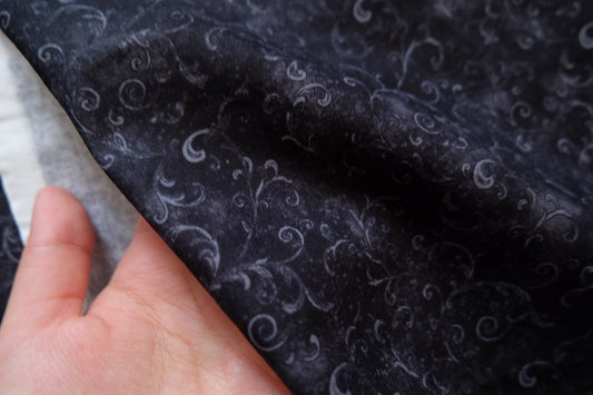 Dark Scroll Texture Cotton Fabric – Charcoal Black with Subtle Silver Motif – 43” Wide – One Piece (Approx. 1.75 Yards) - BUBBO