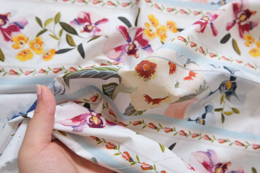 French Watercolor Floral Stripe Cotton Broadcloth – Light Luxury Designer Brand Remnant – 57” Wide – Sold by the Yard - BUBBO