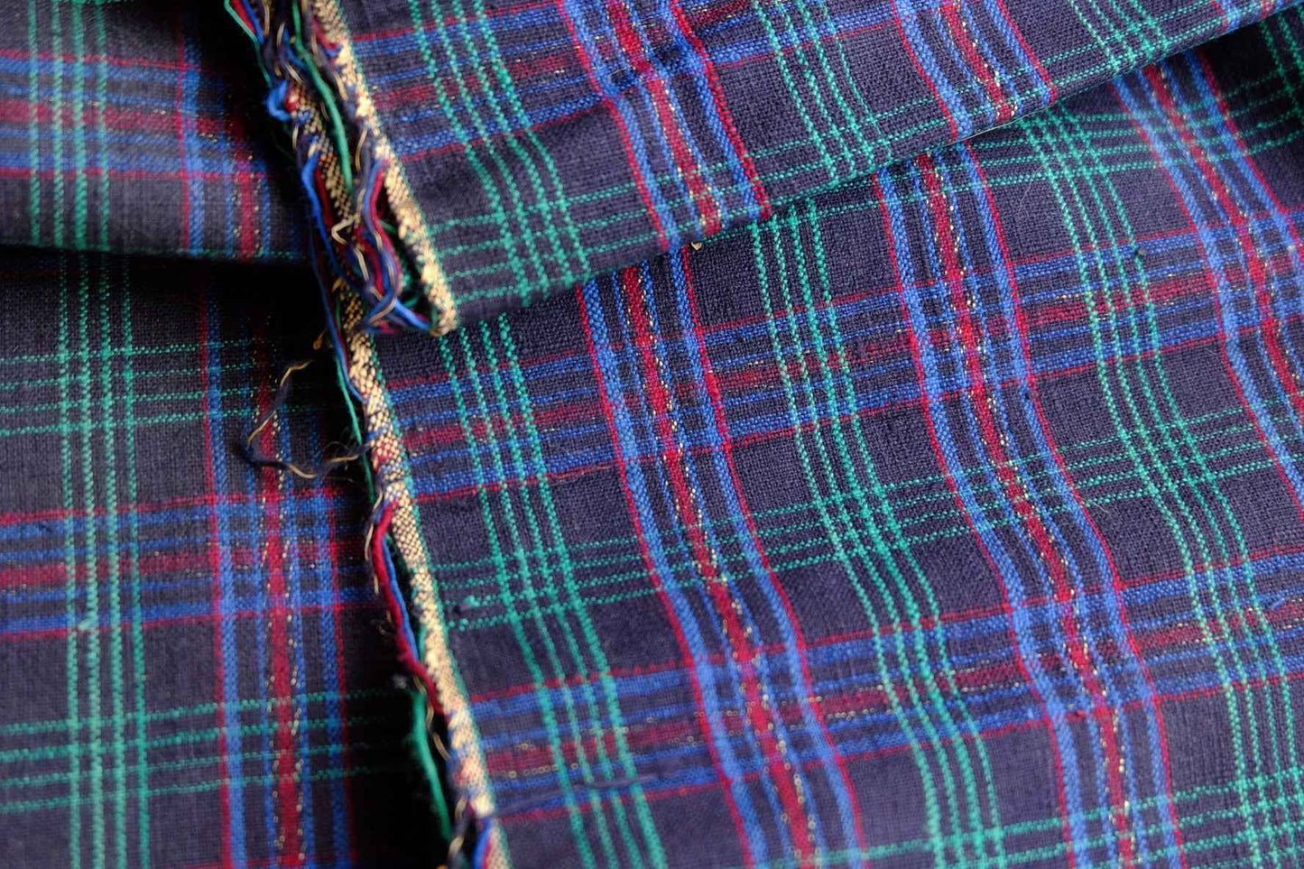 Navy Grid Tǔbù with Emerald & Crimson Accents - 38cm Width - BUBBO