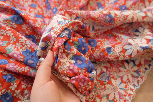 Red Floral Cotton with Embroidered Eyelet Borders — 3 Yards