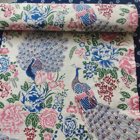 "Royal Garden" Heritage Print - Peacock & Peonies on Hand-Spun Cotton