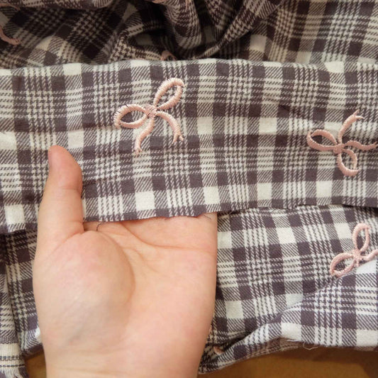 Soft Brushed Cotton Plaid with Pink Bow Embroidery – Skirt & Shirt Fabric (2.19 yds)