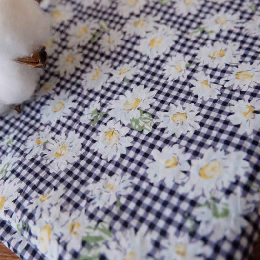 "The Daisy Field" - Daisy & Gingham Print on Cotton Seersucker (Sold by the Yard) - BUBBO