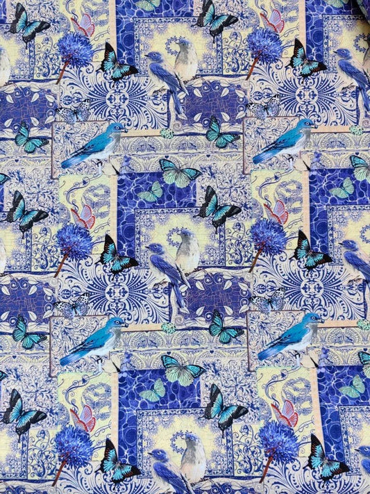 Vintage Collage Butterfly & Floral Cotton Fabric – Royal Blue & White – 45” Wide – Sold by the Half Yard - BUBBO
