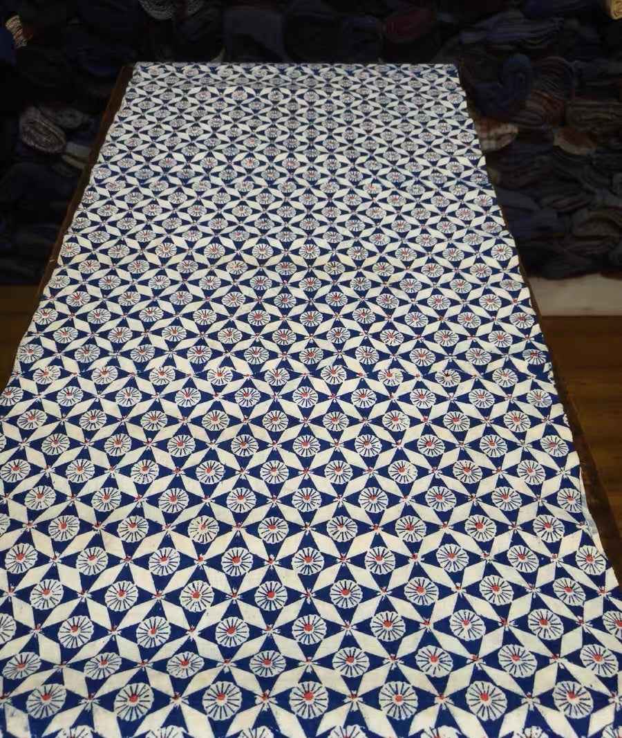 Vintage 'Loom & Kaleidoscope' Print - Azure & Crimson Geometric Heritage Fabric - BUBBO