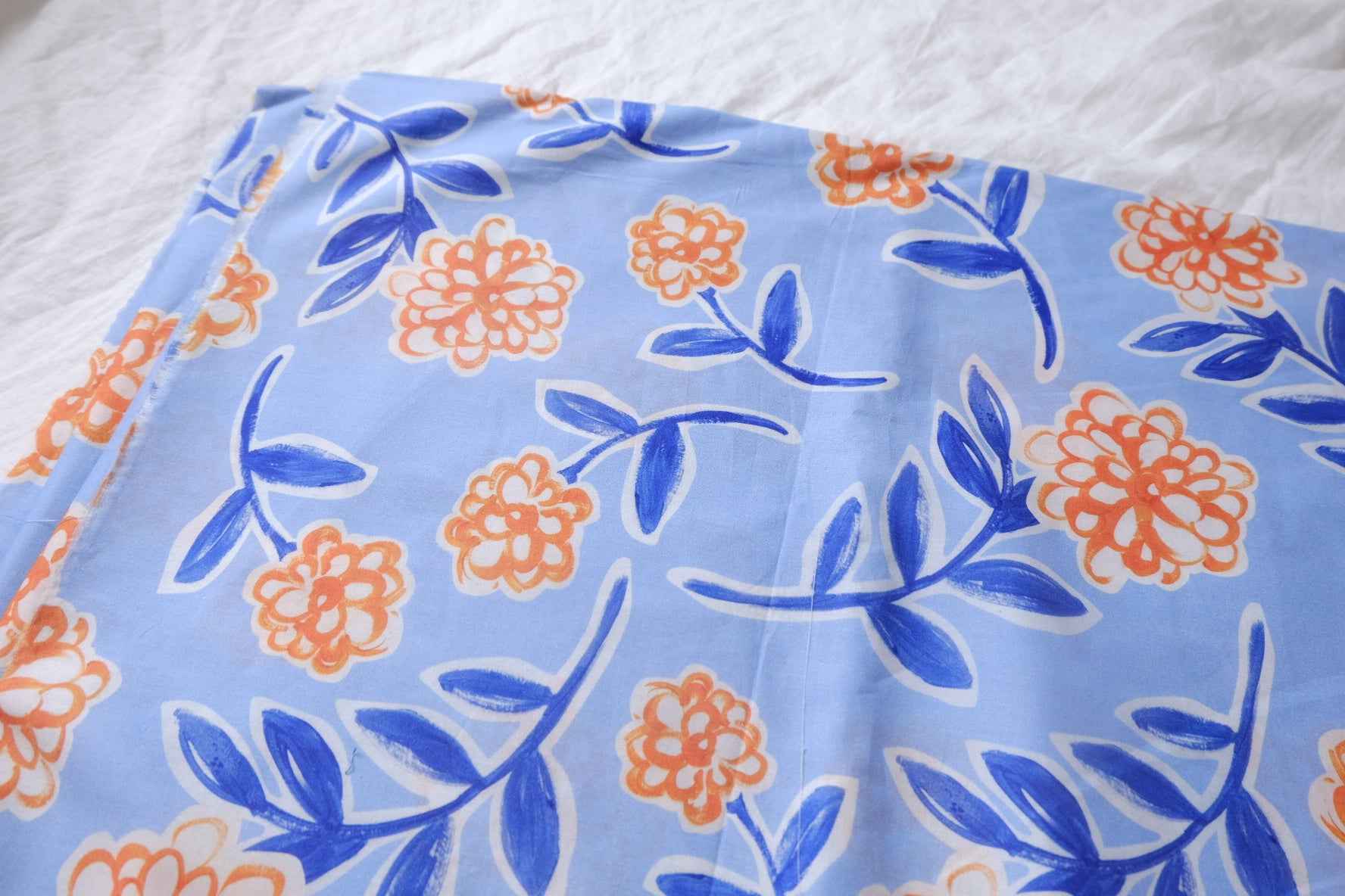 Blue Orange Floral Cotton Poplin Fabric - 1.97 yd